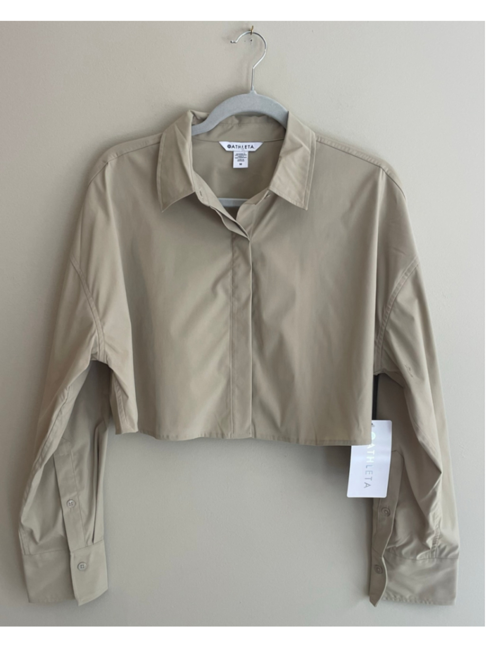 Athleta Midday Ultra Cropped Poplin Shirt Women’s M Ecru Tan UPF 40+ NWT